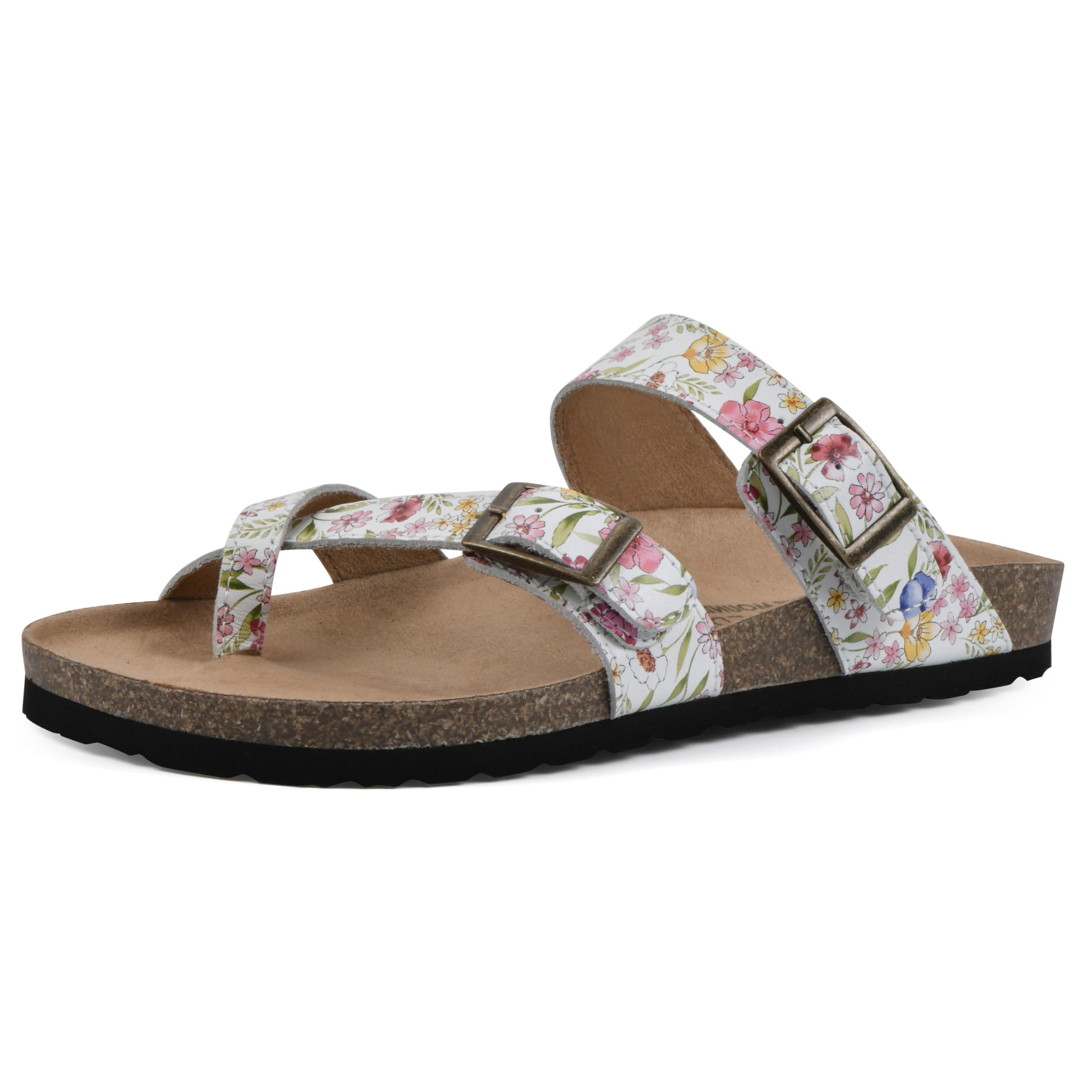 WHITE MOUNTAIN Women's Gracie Signature Comfort Molded Strappy Footbed Sandal, White/Multi Floral/Leather, 6 M Image