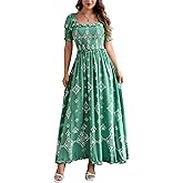 DUKAKII Women's Casual Summer Maxi Dresses Short Sleeve Floral Strapless Dress A Line Boho Ruffle Long Dresses