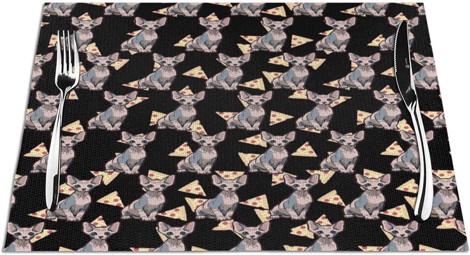 Pizza Food Sphynx Cat Placemat, Woven Non-Slip Insulation Placemats, Heat-Resistant Stain Resistant Anti-Skid Washable PVC Table Mats