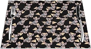 Pizza Food Sphynx Cat Placemat, Woven Non-Slip Insulation Placemats, Heat-Resistant Stain Resistant Anti-Skid Washable PVC Table Mats
