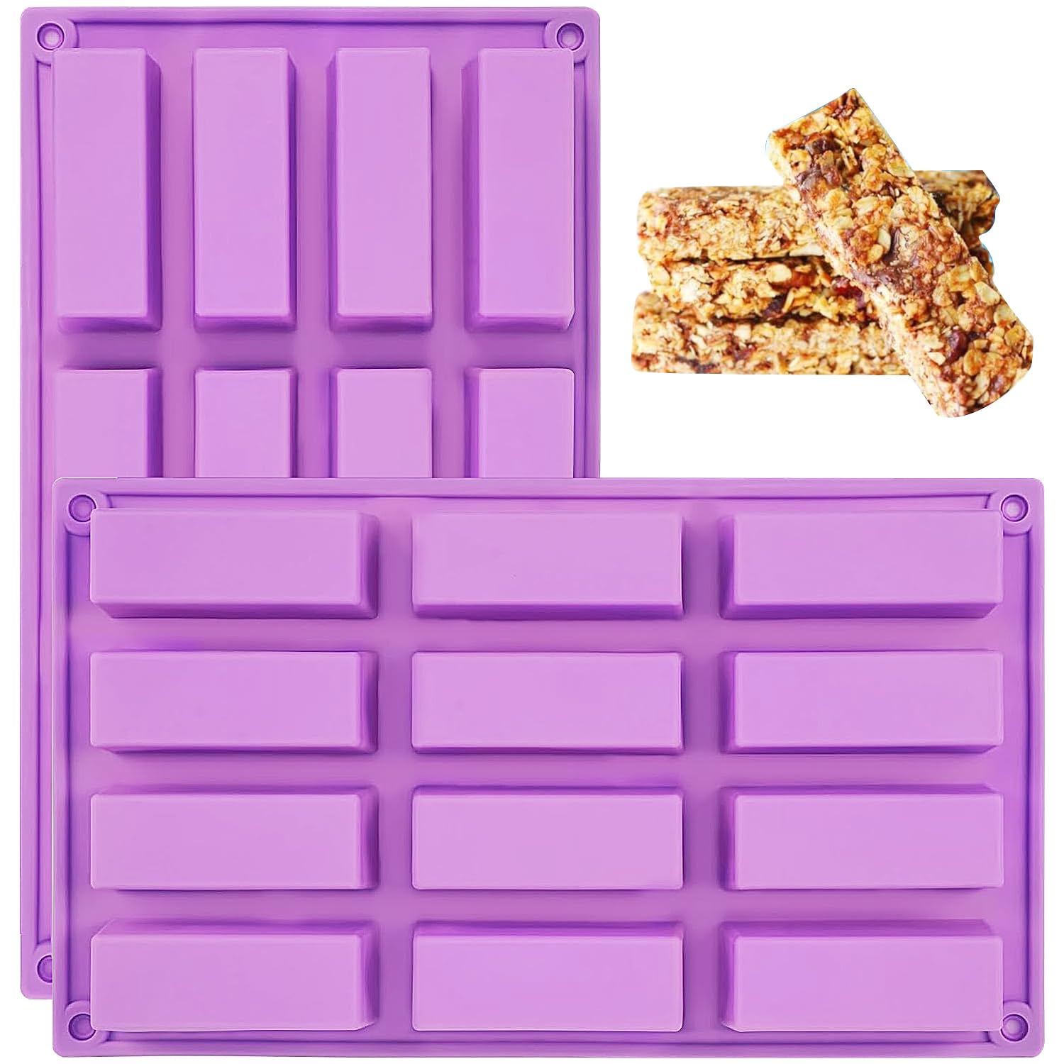 YXHZVON 2 Pieces Chocolate Bar Moulds, 12 Cavity Cereal Bar Moulds, Rectangular Silicone Mould for Truffle, Ganache, Muffin, Brownie, Cornbread, Cheesecake, Candle and Soap (Purple)