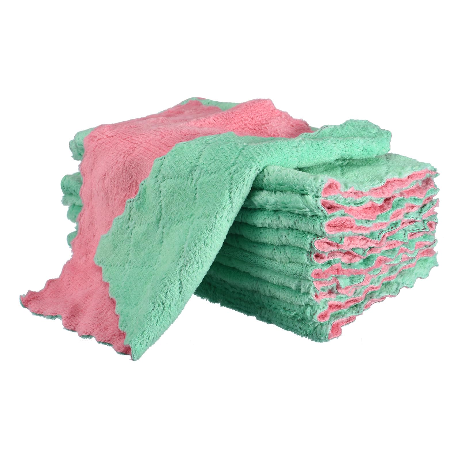 Uxcell 12 Pcs Kitchen Dish Cloths, 9 x 9 Inches Coral Velvet Dish Towels Absorbent Kitchen Cleaning Cloth for Washing Dishes, Kitchen, Bathroom, Pink Green
