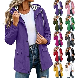 FOCLMP Rain Jacket Women Striped Lined Lightweight Waterproof Raincoats Hiking Outdoor Travel Windbreaker Jackets with Hood