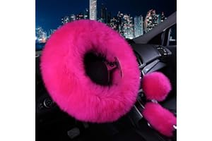 Vacallity 3 Pcs Fluffy Steering Wheel Covers, Universal Soft Comfortable Non-Slip Pure Wool Car Wheel Covers with Handbrake Cover Gear Shift Cover for Woman＆Girl,(Rose Red)