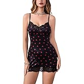 TrueVip Sexy Lingerie Set for Women Satin Cherry Print Nightgown Teddy Babydoll V Neck Chemise Set with G-String Club Outfits