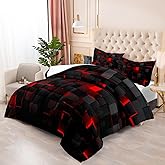 Nttopship Geometric Red Black Comforter Set,Light Honeycomb 3 Piece Bedding Set Queen for Teen Boys,Modern Bedding Quilt Set Geometry Decor,Microfiber Lightweight 1 Comforter 2 Pillowcases All Season