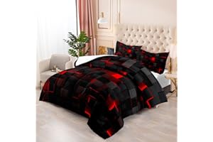 Nttopship Geometric Red Black Comforter Set,Light Honeycomb 3 Piece Bedding Set Twin for Teen Boys,Modern Bedding Quilt Set Geometry Decor,Microfiber Lightweight 1 Comforter 2 Pillowcases All Season