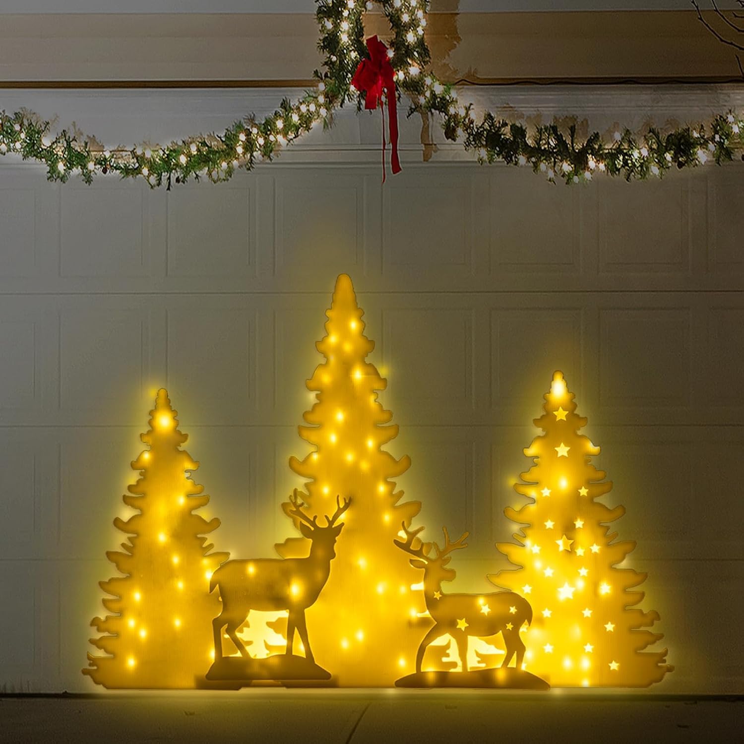 Garage Door Decorations - Winter Christmas Decorations Outdoor - Tree Reindeer Christmas Garage Door Silhouette Decor with Lights, Outside Xmas Holiday Door Wall Backyard Garden Decor