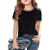 Haloumoning Girls Short Sleeve T Shirts Kids Summer Rainbow Trim Ringer Tees Crewneck Tops 5-14 Years