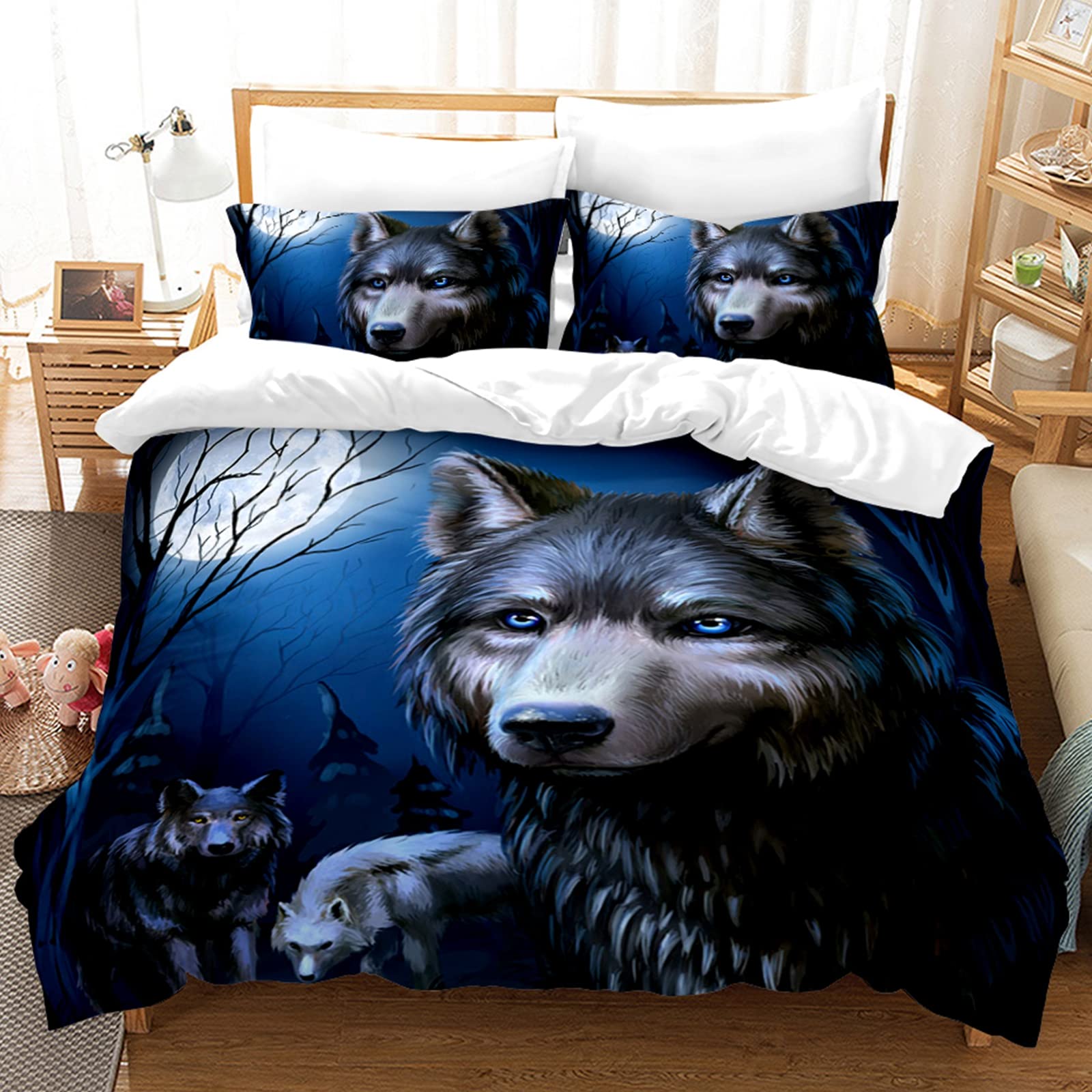 Hoimlm Wolf Duvet Cover King Microfiber Bedding Set, 3D Print Wolf Duvet Quilt Cover&Pillowcase With Zipper Closure, Super Soft Duvet Cover for Kids