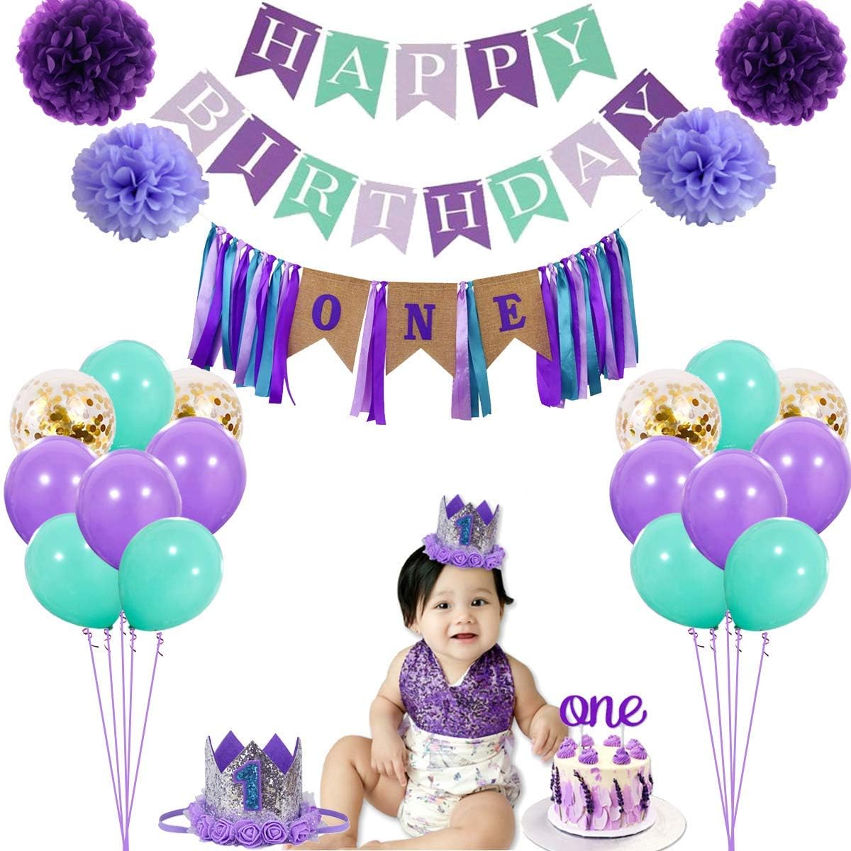 1ST Birthday Girl Decoraitons - First Birthday Outfit and Decorations Set, Magical Purple 1ST birthday Party Supplies with Burlap Highchair Banner, Great for Girls First Birthday Party