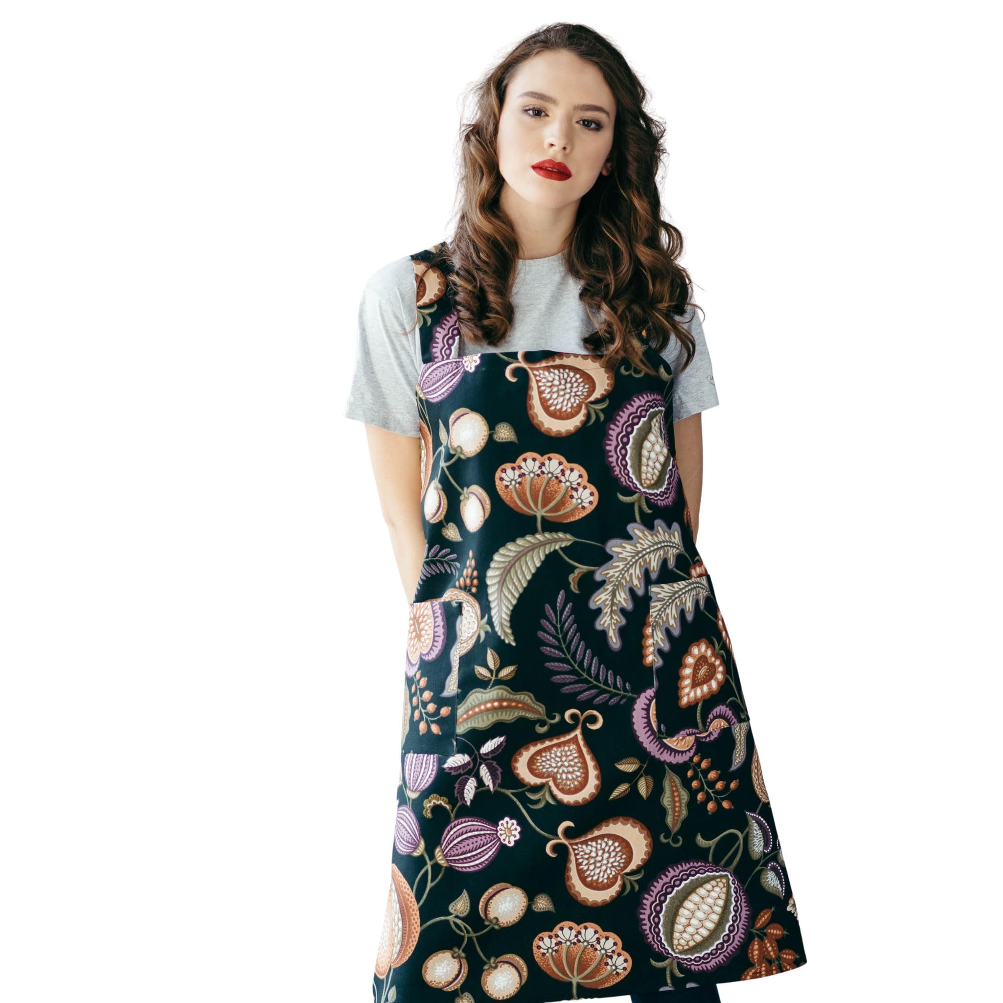 Bunny Street Cotton No-Tie Japanese Pinafore Apron - Black Canvas Cross-Back Apron for Women with Botanical Print | Gift for Florists, Artists, Bakers, Crafters