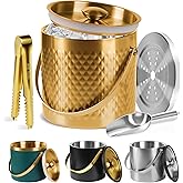 Ice Bucket, Ice Bucket with Silicone Sealing Ring Double-Wall Vacuum Insulation Champagne Buckets with Filter Layer Ice Tongs Ice Scoop (Gold, 3 L)