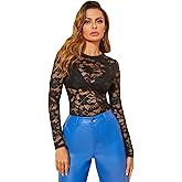 WDIRARA Women's Floral Embroidery Mesh Lace Round Neck Long Sleeve Top