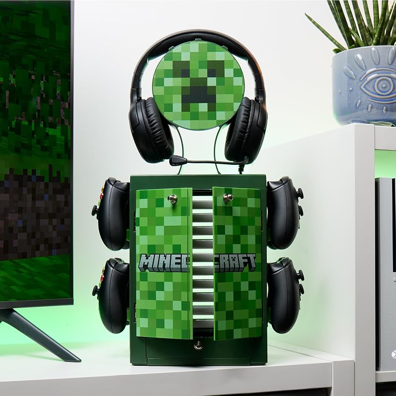 Taquilla y Soporte de Almacenamiento Oficial de Minecraft – Capacidad para 10 Juegos/DVDs, 4 Mandos, Auriculares y Accesorios – Organizador Resistente – Merchandising Oficial de Minecraft