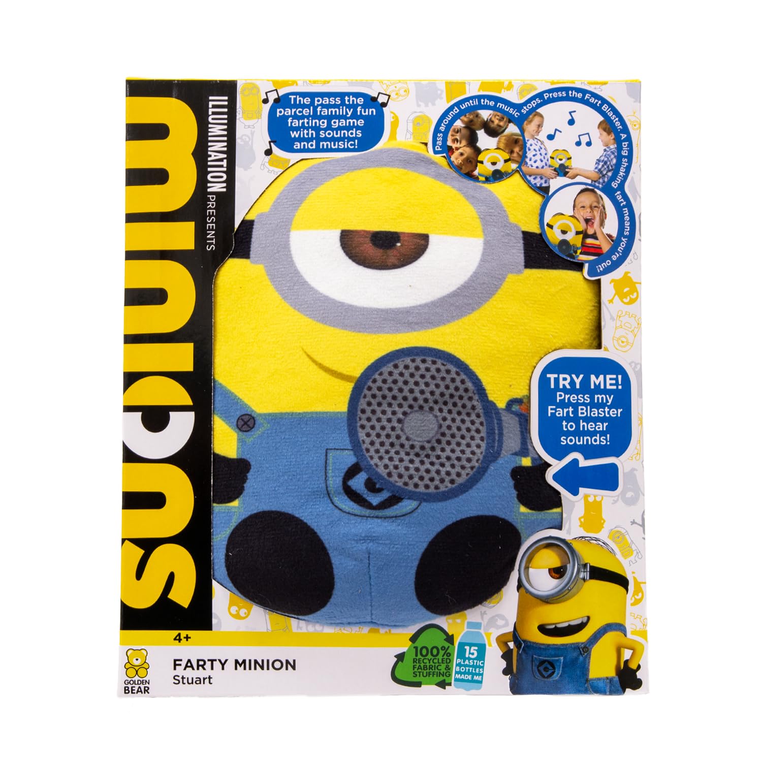 Minions toys, teddy Stu holding fart blaster gun, this is a pass the parcel game that farts & vibrates when the music stops, Stu from Perfect parties or games night, Yellow & Blue
