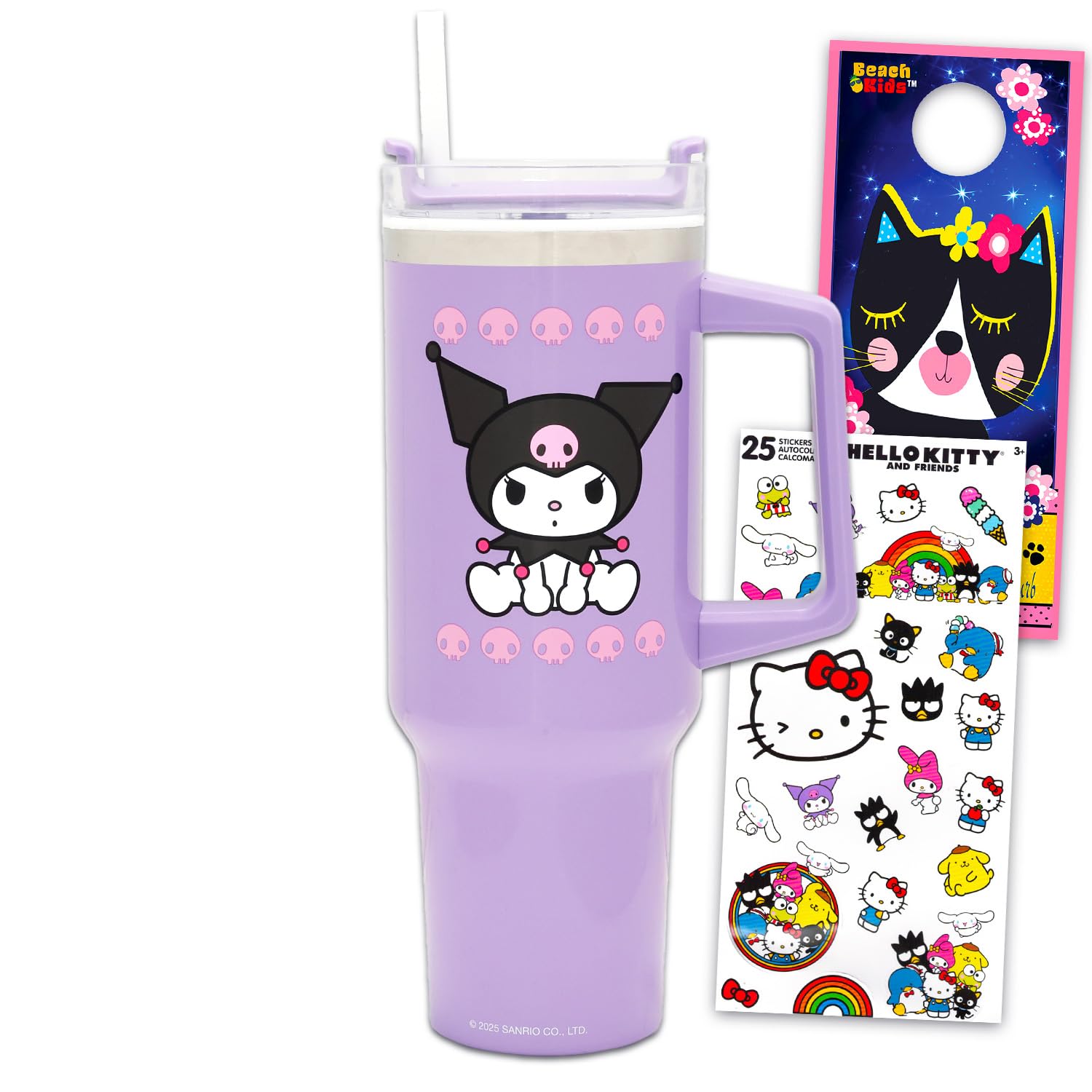 Photo 1 of ***MINOR DAMAGE*** SANRIO Kuromi Travel Cup Set - Bundle with 40 Oz Stainlesss Steel Tumbler with Handle and Straw for Summer Plus Stickers and More | 40 Ounce Kuromi Travel Cup for Girls, Teens, Adults