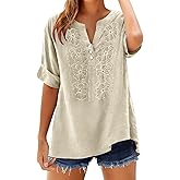 Floral Embroidered Cotton Linen Shirts for Women Summer 3/4 Sleeve Dressy Casual Loose Blouses Gauze Boho Tunic Tops