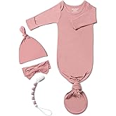 Newborn Baby Knotted Gown, Super Soft Silky Infant Long Sleeve Sleeper for Baby Girl and Boy Sleeping Bag with Mittens and Hat & Bowknot Set (Extra Long),Coming Home Outfit