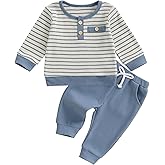 Gobuuly Baby Boy Fall Outfits Waffle Striped Toddler Boy Sweatshirt Pullover Tops Pants Infant Baby Fall Winter Clothes