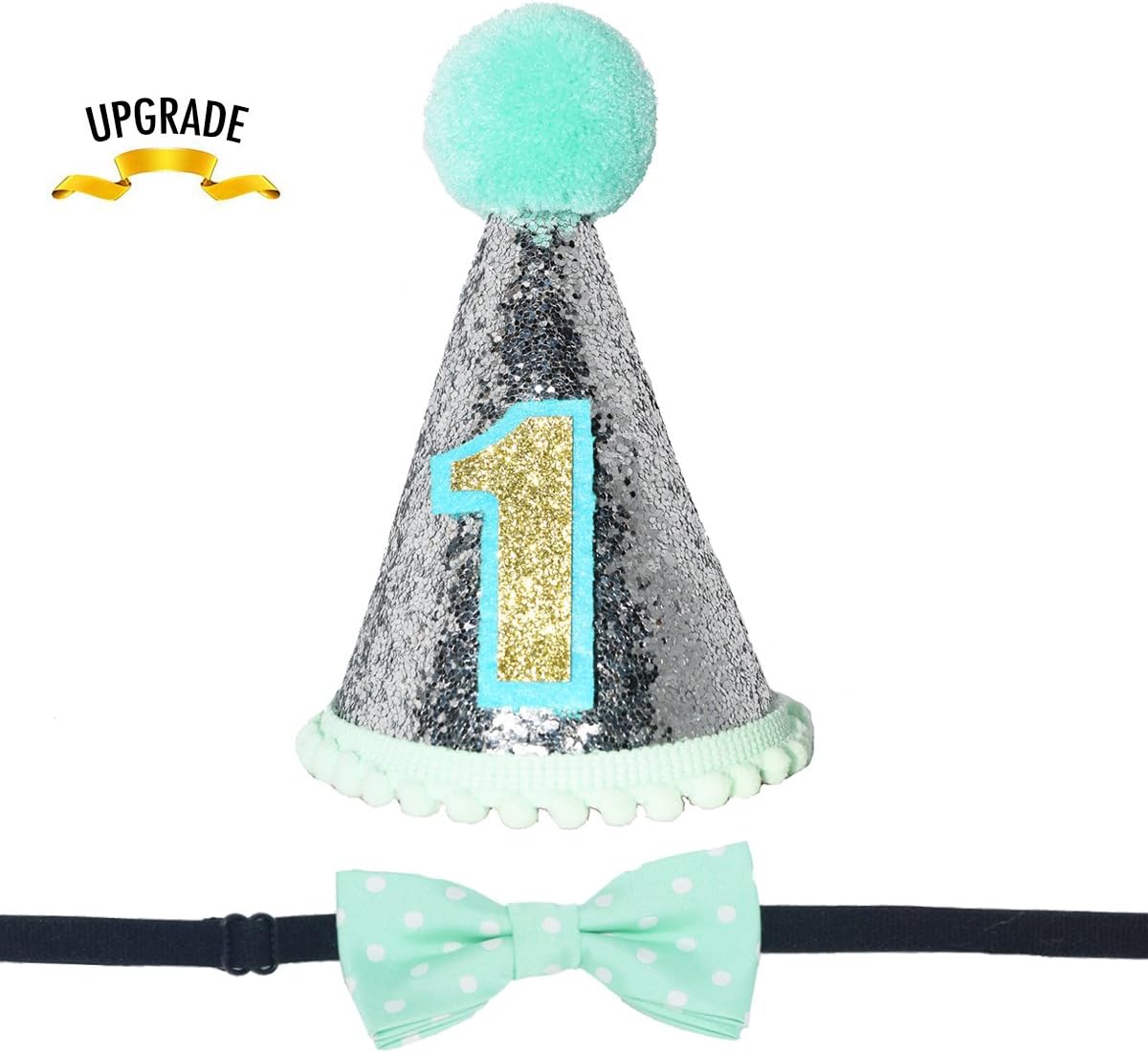 Celebris Sparkly Princess 1st Birthday Cone Hat Adjustable Headband Set for Baby Girl, Pink Bow Cake Smash Party Supplies (Mint Silver)