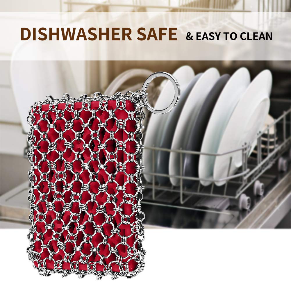 Herda 316L Cast Iron Scrubber Cleaner, Large Cast Iron Chain Mail Scrubber - Chainmail Scrubber Sponge - Metal Skillet Scrubbing, Wok, Dutch Oven Cleaning Kit