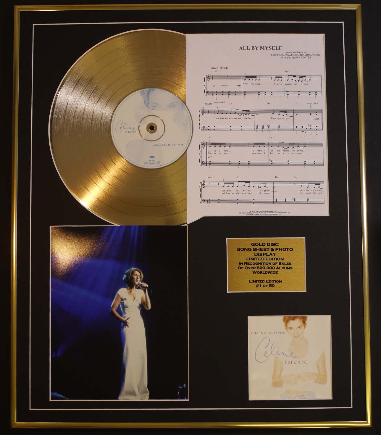 CELIN DION/CD GOLD DISC, SONG SHEET & PHOTO DISPLAY/LTD. EDITION/COA/ALBUM, FALLING INTO YOU/SONG SHEET, ALL BY MYSELF