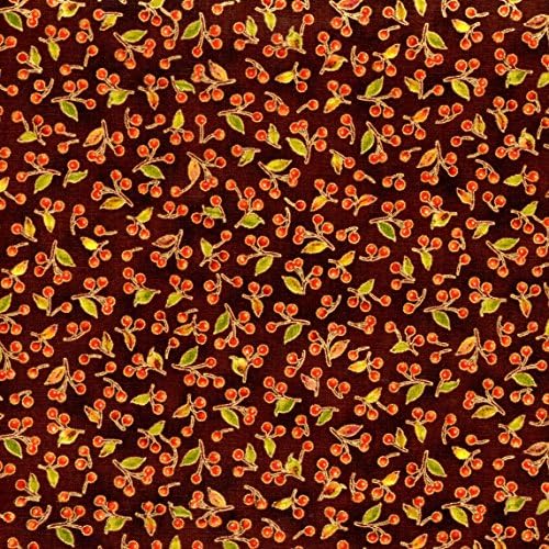 Red Rooster Joyful Harvest Metallic Cherries on Brown Cotton Fabric Half Yard