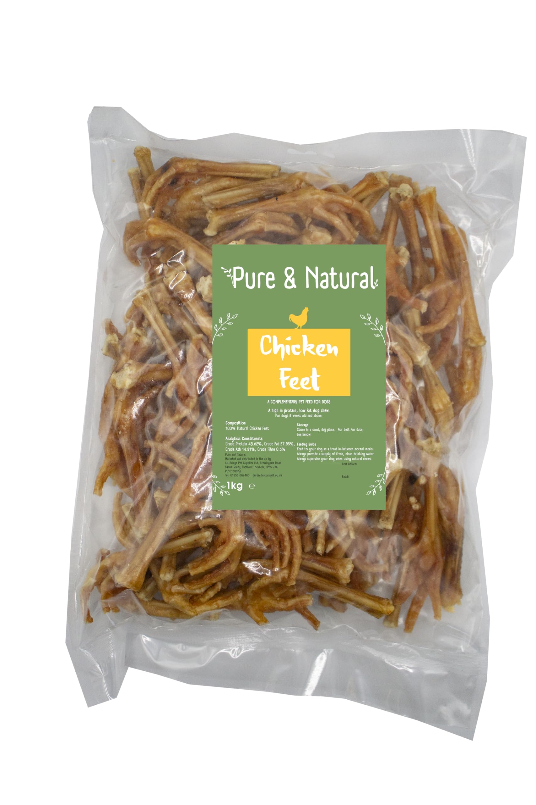Pure & Natural Dried Chicken Feet Dog Treats - Natural, Hypoallergenic, High Protein, Crunchy Dog Treat - 1kg Bag Refill