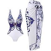 SherryDC One Piece Swimsuit with Cover up Wrap Skirt Sarong Floral Print Plunge V Neck Bathing Suit for Women