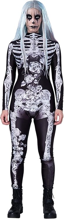 Loveternal Mujer Disfraz de Halloween 3D Esqueleto Body Zipper Monos Manga Larga Stretch Catsuit Trajes de Cosplay