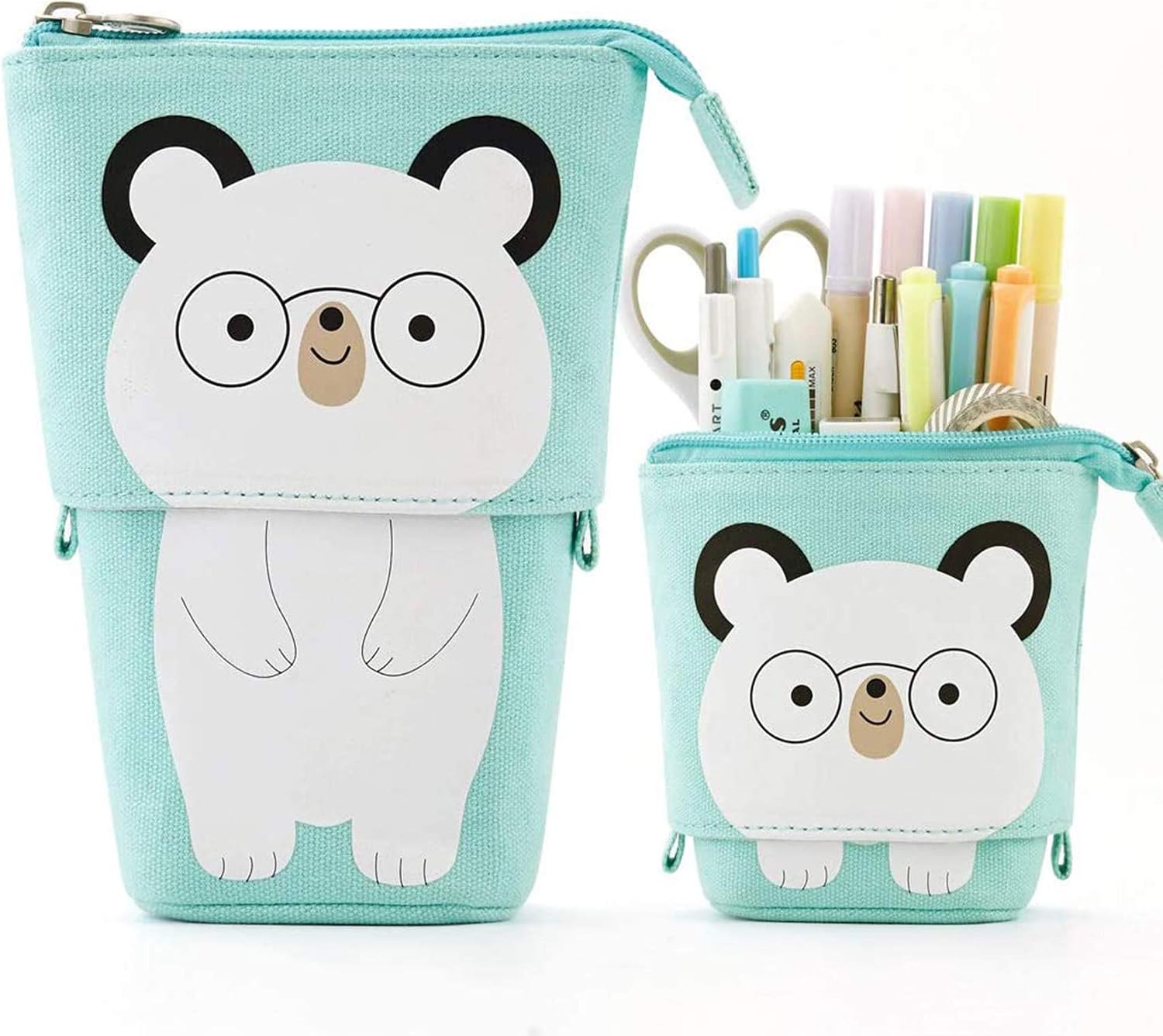 Telescopic Pencil Pouch Bag Standing Pen Holder Canvas Cartoon Cute Cat Pen Case Cosmetic Bags for Boys Girls Students and Office Supplies (Spectacled Bear)