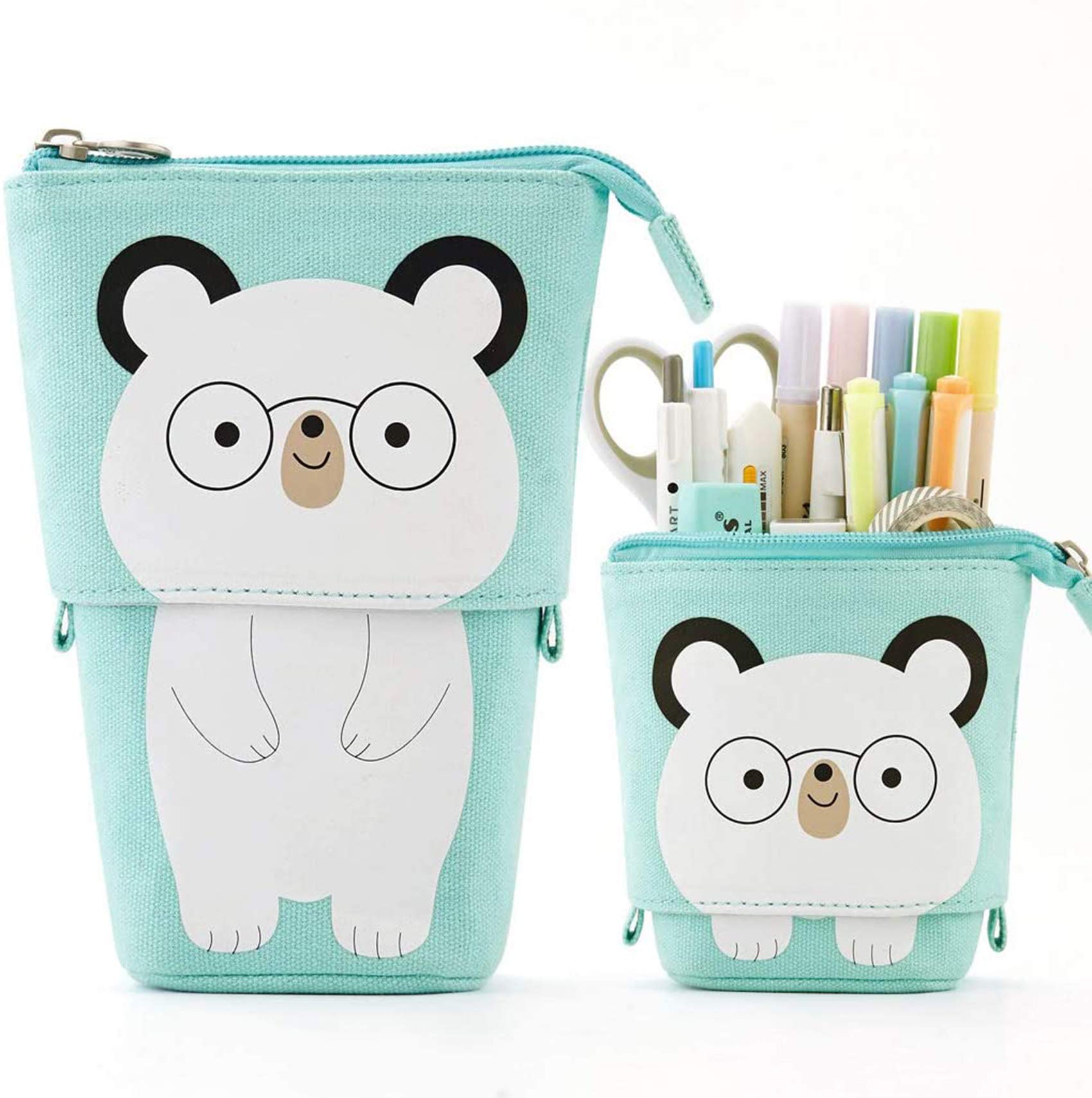 Telescopic Pencil Pouch Bag Standing Pen Holder Canvas Cartoon Cute Cat Pen Case Cosmetic Bags for Boys Girls Students and Office Supplies (Spectacled Bear)