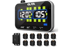 GUTA Trailer Tire Pressure Monitoring System, RV Tire Pressure Monitor with 10 Sensors, 6 Alert Modes, Signal Booster, Large Color Display, Long Sensing Distance, 0-188PSI TPMS for RV Trailer Semi
