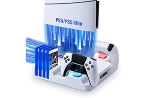 CESTMALL PS5 Slim Stand with Cooling Station for PS5 & PS5 Slim Console Disc/Digital Edition, Playstation 5 Cooling Station with Dual PS5 Controller Charger, with 3 Levels Cooling Fan, 8pcs Game Storage