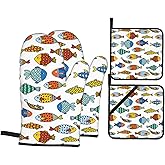 Colorful Fish Oven Mitts and Pot Holders Set of 4, Oven Mittens and Potholders Heat Resistant Gloves for Kitchen Cooking Baking Grilling BBQ