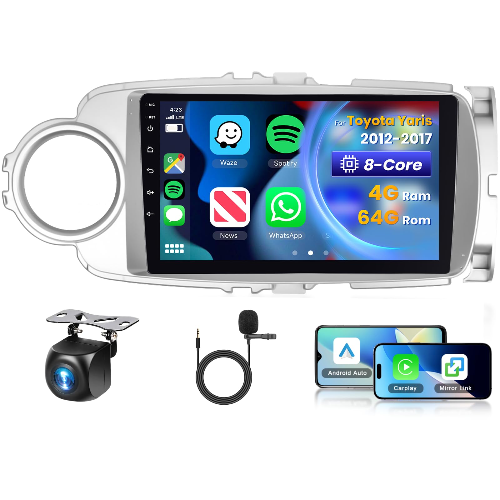 Photo 1 of [8 CORE 4G+64G] Car Radio for Toyota Yaris 2012-2017 with Wireless Carplay/Android Auto, 9 Inch Android 13 IPS Touch Screen Car Stereo, Bluetooth, GPS Navi, WiFi, SWC, DSP + Backup Camera