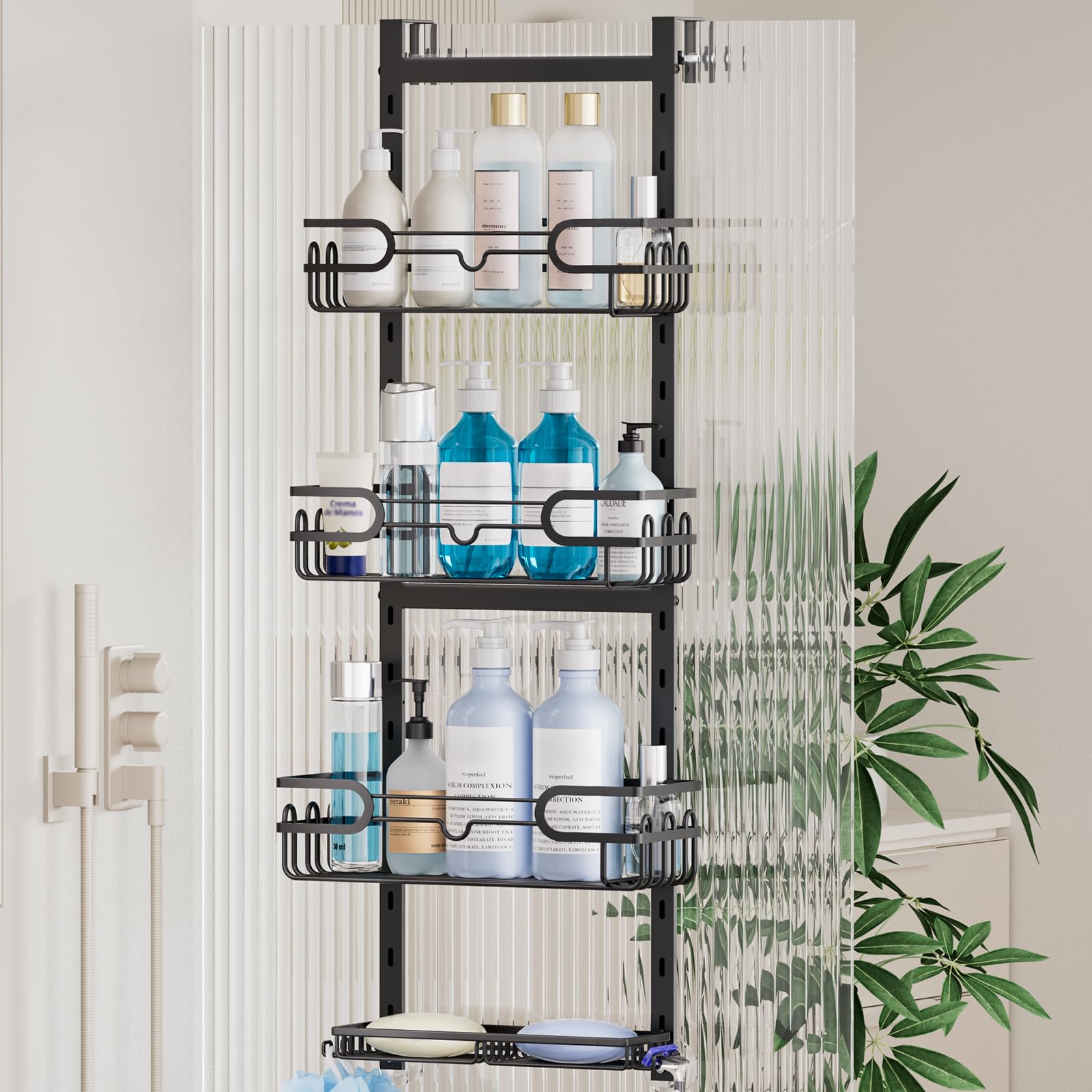 HapiRm Shower Caddy Hanging Black - 4 Tier Over Door Shower Caddy with 2 Soap Holders, Adjustable Bathroom Shelf with 22 Hooks, Rustproof Easy Installation Shelf Organiser Hanging for Bathroom