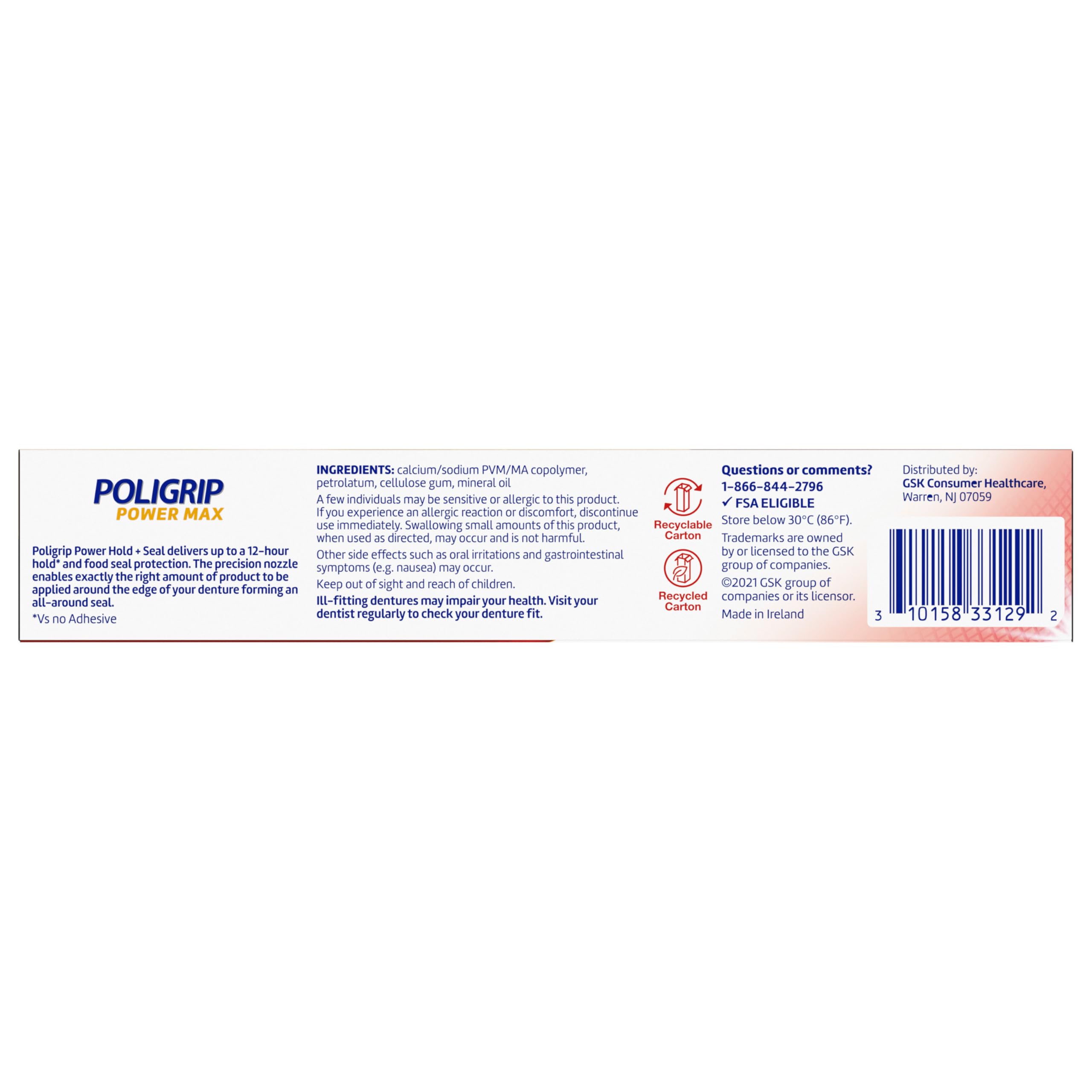 Super PoliGrip Poligrip Power Max Power Hold plus Seal Denture Adhesive Cream, Denture Cream for Secure Hold and Food Seal, Flavor Free - 2.2 oz (Pack of 4)