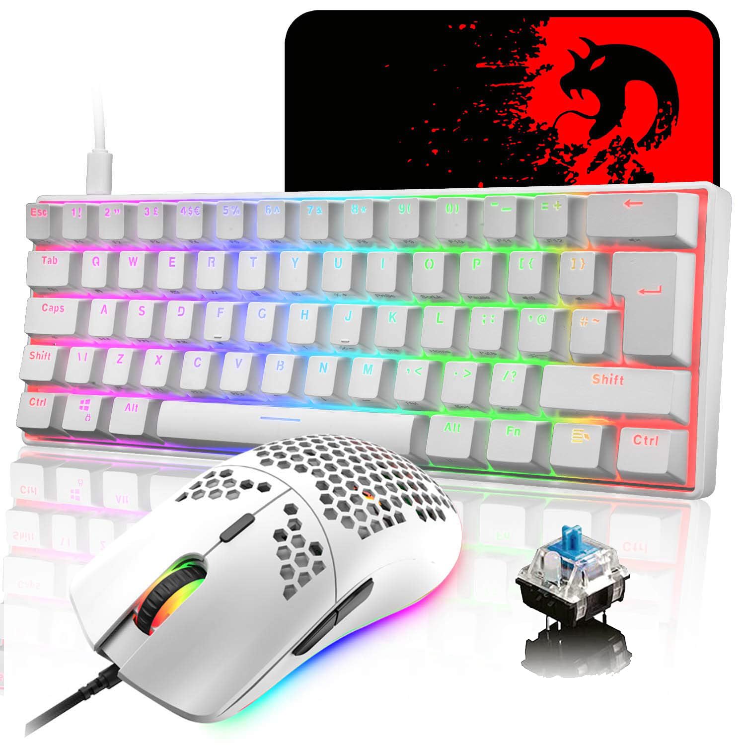 UK Layout 60% Mechanical Keyboard 62 Keys Blue Switch Wired USB C 14 Chroma RGB Backlit Gaming Keyboard + 6400DPI Ultra-Light Honeycomb Mouse + Large Mouse Pad, Compatible With PS4,Xbox,PC - White