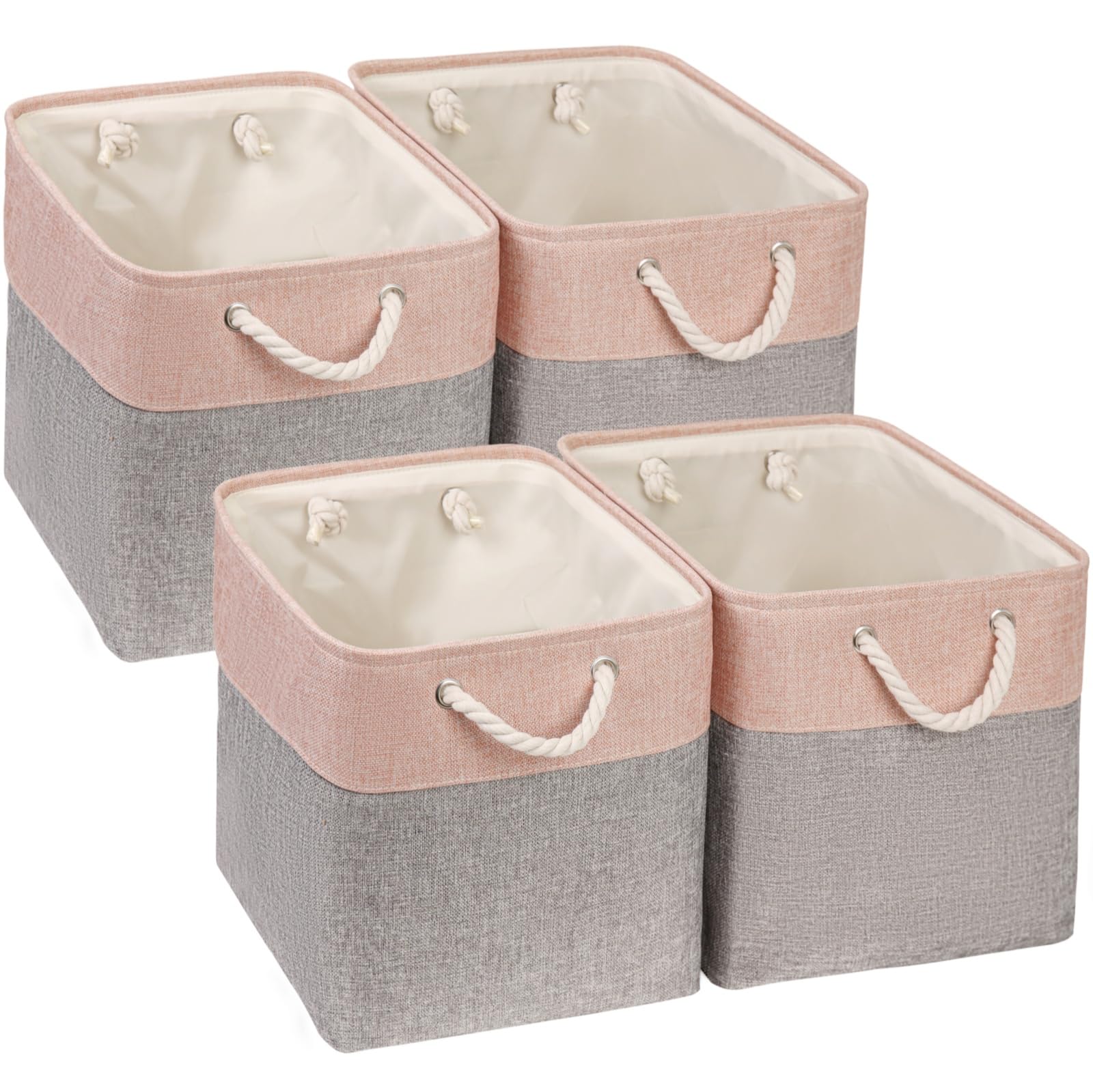 Mangata Canvas Storage Boxes, 28x28x28cm Fabric Storage Baskets for Shelves Organizing Clothes Nursery Home (Grey/Pink, Set of 4)