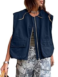 Tankaneo Womens Casual Zip Up Vest Cargo Oversized