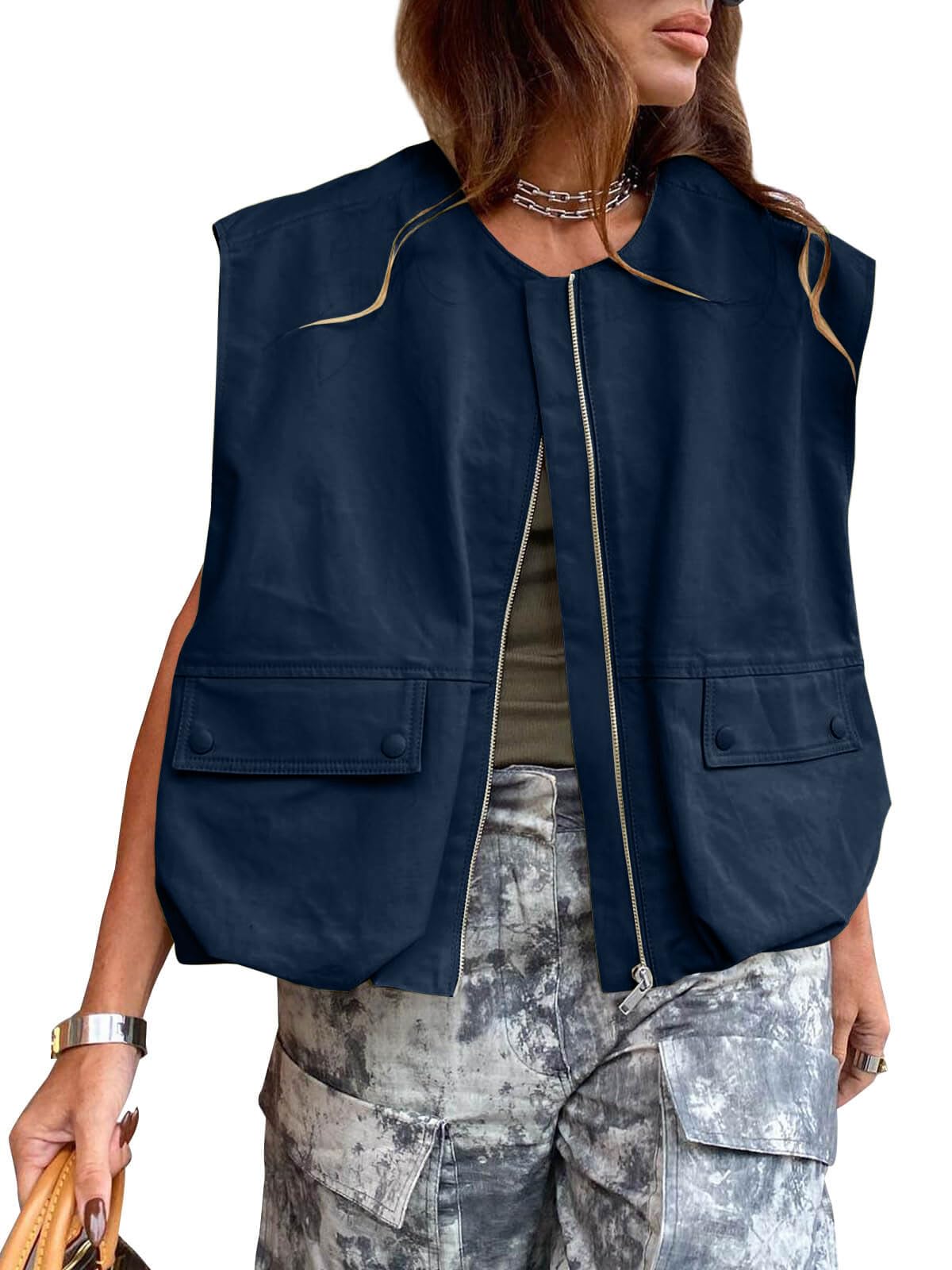 Tankaneo Womens Casual Zip Up Vest Cargo Oversized