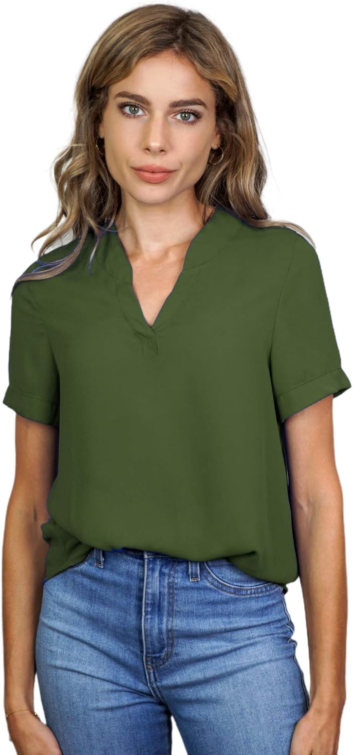roswear Women's Casual Blouse V Neck Short Sleeve Top Shirts