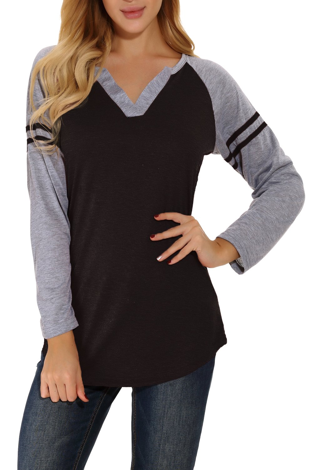 Chvity Womens Raglan Sleeve Striped Tee V Neck Baseball Fall Shirts Top (Black, Medium)