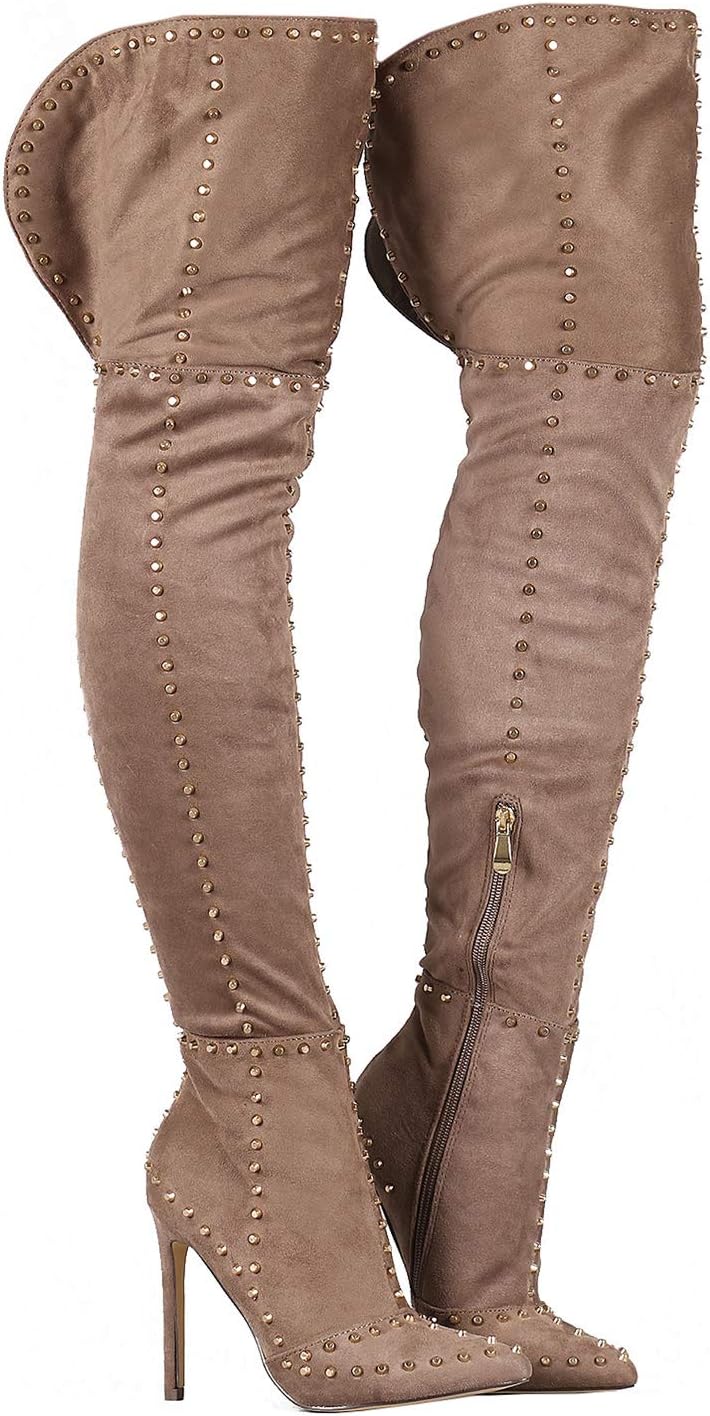 Paris Peach Sasha-1 Studded Suede Pointy Toe Stiletto Over The Knee Thigh High Boots