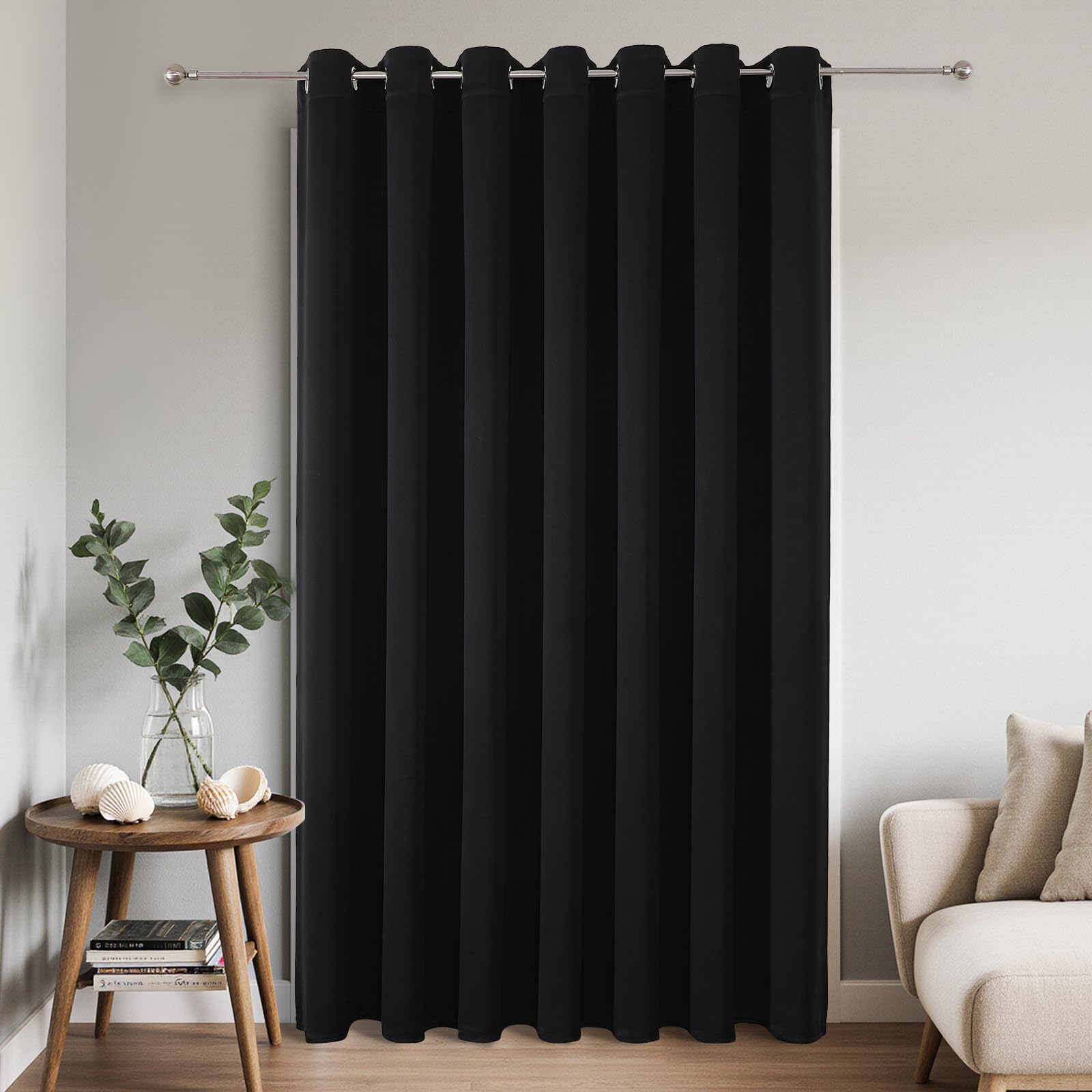 Joydeco Blackout Patio Sliding Door Curtains 96 Inches Long, Grommet Privacy Room Divider Curtains, Extra Wide Thermal Blackout Drapes for Bedroom Living Room (Black, 100Wx96L, 1 Panel) Image