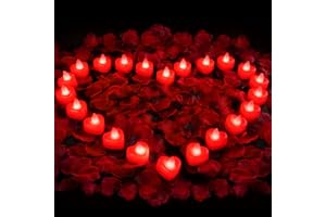 AMAGIC 24 Pack Heart Red Tealights with 2000 Pas Artificial Petals, Battery Operared Candles Led Tea Light, for Proposal, Val