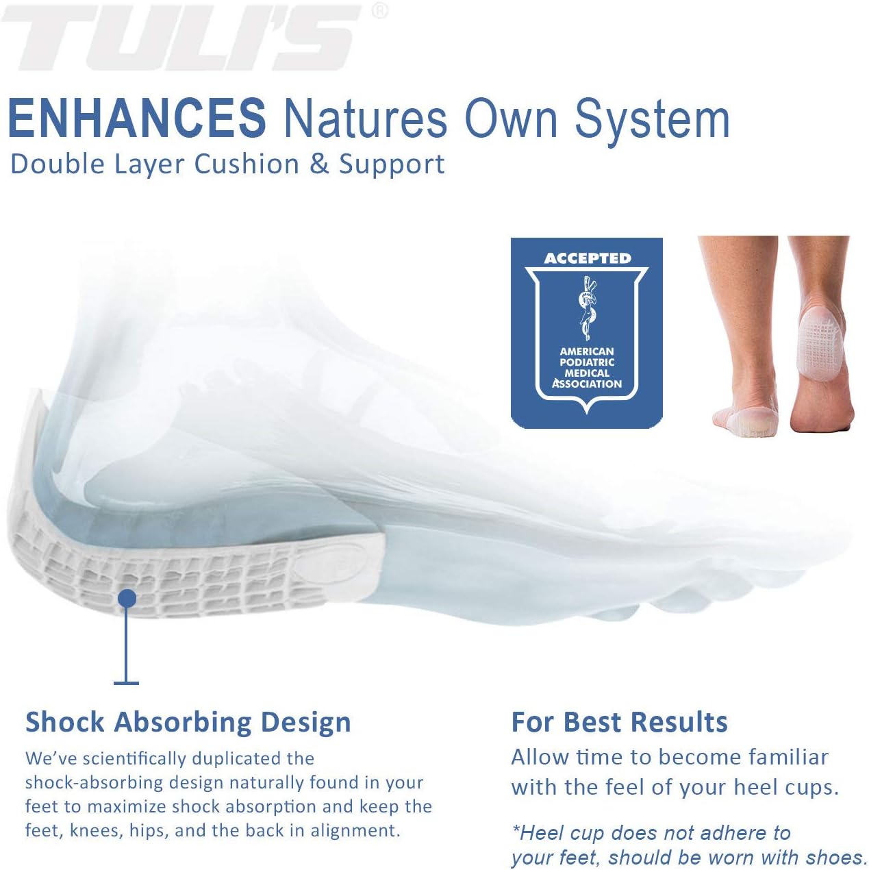 Tuli's Heavy Duty Gel Heel Cup (2-Pairs), TuliGEL Shock Absorption Cushion Insert for Plantar Fasciitis, Sever's Disease and Heel Pain Relief, Regular: Health & Personal Care