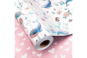 Homeral Reversible Mermaid Wrapping Paper Roll - Metallic Foil Whale, Turtle, Shell, Ocean-Themed with Pink Heart for Girl Bi